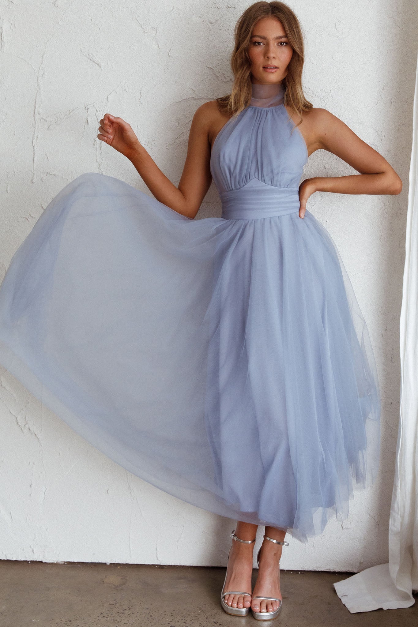 Shop the Andria Halterneck Tulle Midi Dress Blue