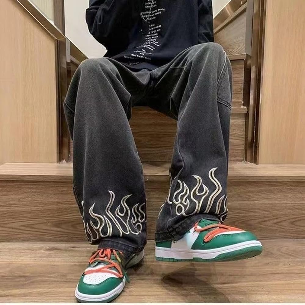 Attria Y2k Hip Hop Flame Print Oversized Jeans for Men Acubi Baggy