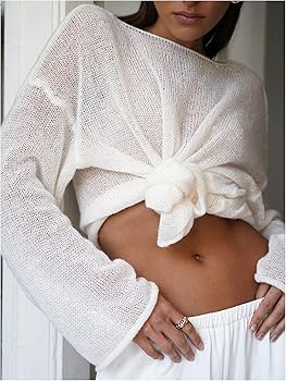 RoseSeek Women's Sheer Mesh Long Sleeve Tops Boat Neck See Through