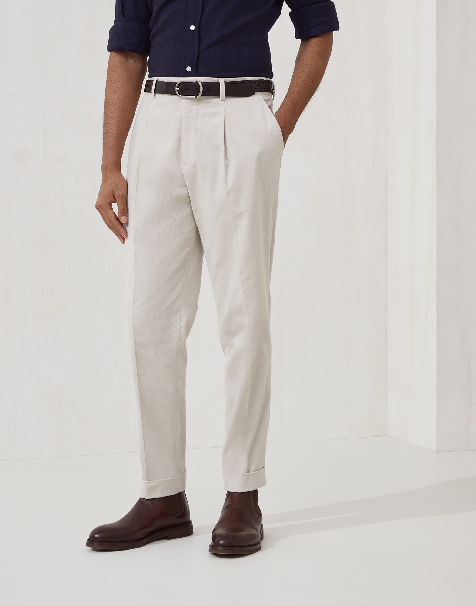 Corduroy trousers for Man in Ivory | Brunello Cucinelli