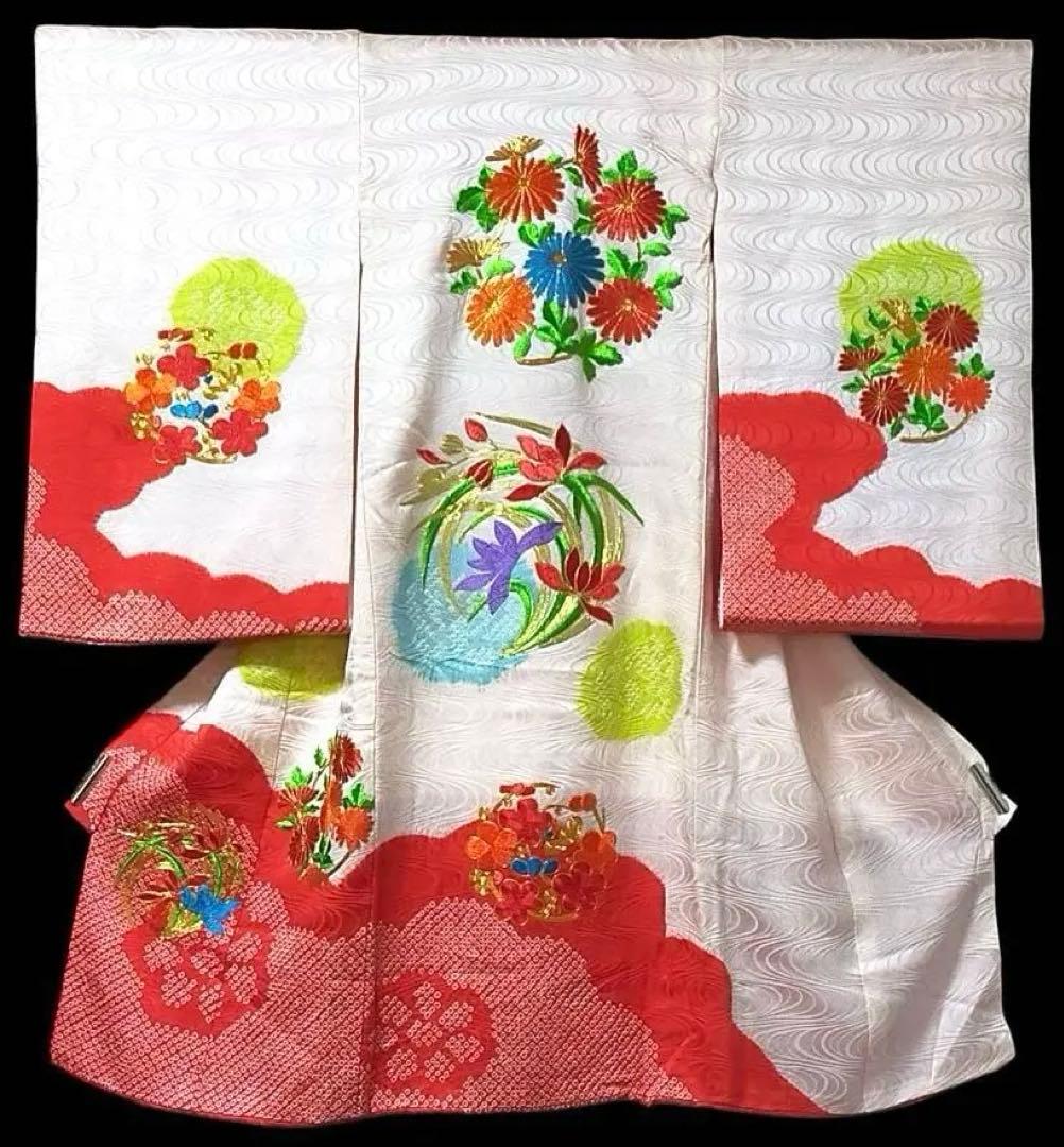 □ 正絹女児用　お宮参り　掛け着　初着　七五三　アンティーク　可愛い花柄刺繍 正絹] お宮参り 女の子 初着 産着 花尽くし鞠と檜扇 赤色 レッド 花柄