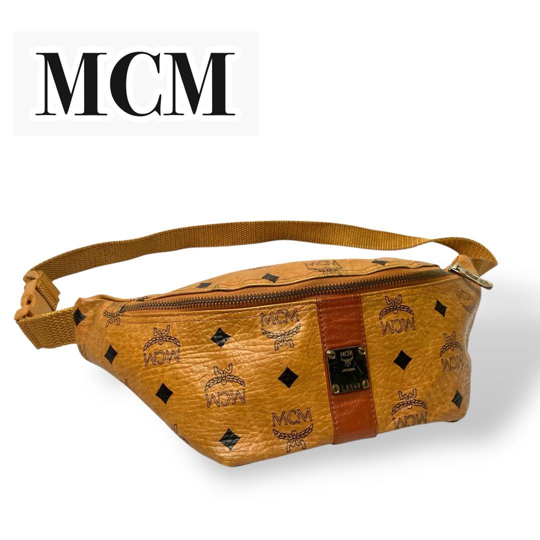 【美品】MCM エムシーエム　ボディバッグ　レザー　ヴィセトス柄　コニャック 美品】MCM エムシーエム ボディバッグ レザー ヴィセトス柄 コニャック