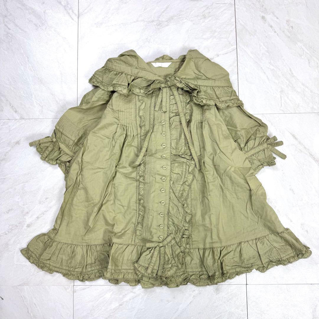 極美品 ピンクハウス ピコフリル ティアード リボン レース ブラウス グリーン 最終価格 新品PINKHOUSE ピンクハウス リースとリボン柄ミディ丈