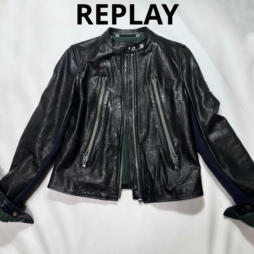 リプレイ REPLAY カウレザー 八の字ライダース シングル Sサイズ レザーシングルライダースジャケット M8435．000．84950