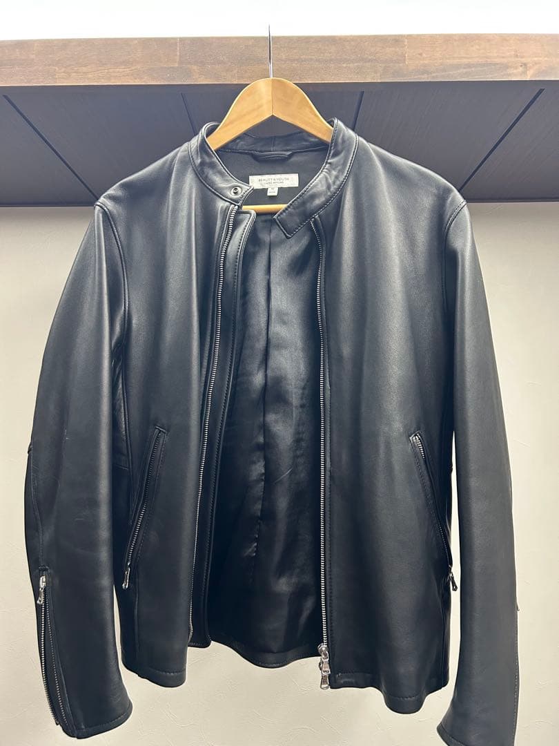BEAUTY&YOUTH ブラックレザーシングルライダースジャケット M BEAUTY＆YOUTH UNITED ARROWS 革ジャン ライダース シープレザー