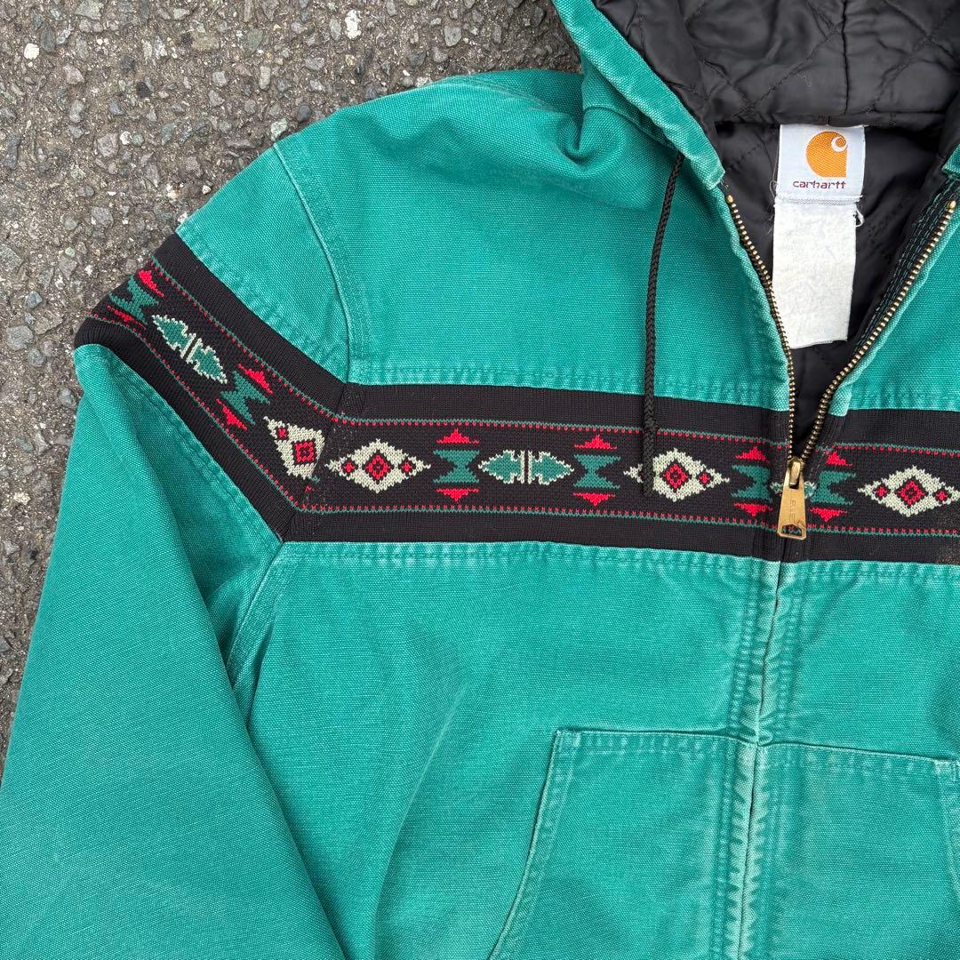 90s USA Carhartt アクティブジャケット ネイティブ柄 ターコイズ