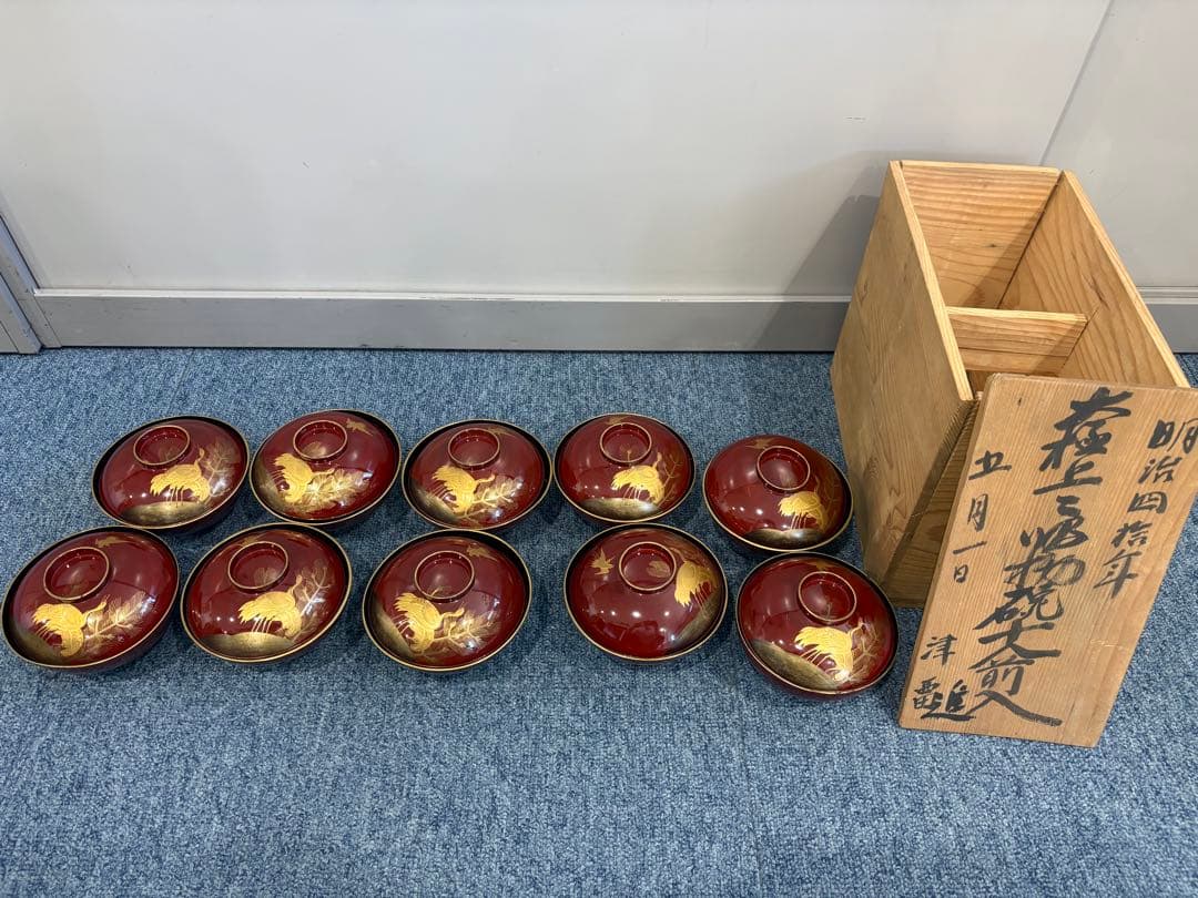 漆島塗吸物椀　金蒔絵　骨董　時代物　アンティーク　10客共箱付き 漆器 輪島塗 蒔絵 沈金木製 蓋付椀 お煮物椀 吸物椀 5客 骨董品 - メルカリ