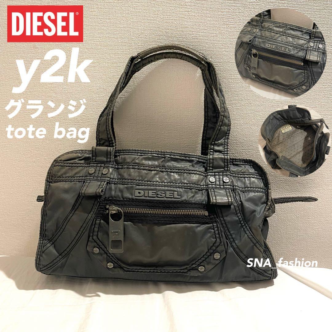 DIESEL y2k archiveメタリック加工 トートバッグ ブラックカーキ DIESEL y2k archiveメタリック加工 トートバッグ ブラックカーキ