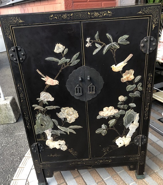 中古・アンティーク】中国美術家具 収納棚 キャビネット 石細工 レトロ
