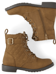 Girls Quilted Buckle Faux Leather Lace-Up Boots - TAN | The