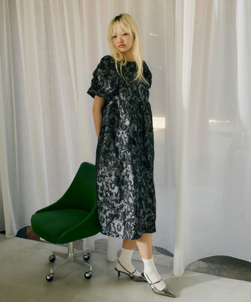 バブルスリーブジャガードドレス / bubble sleeve jacquard dress