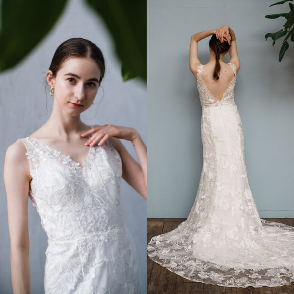 刺繍 総レース バックV ソフトマーメイドドレス（W255）